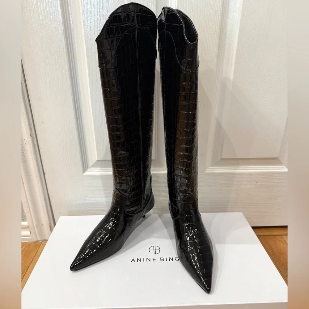 Anine Bing Black Croc-Embossed Knee-High Boots size 38